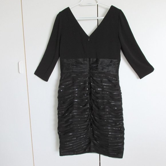 Kay Unger Black Sequin Tulle Skirt Rusched Silk Midriff 3/4 Sleeve Dress No Size - Picture 5 of 13